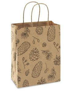 USC S-23723PINE PRINTED KRAFT PAPER SHOPPING BAGS - 8 X 