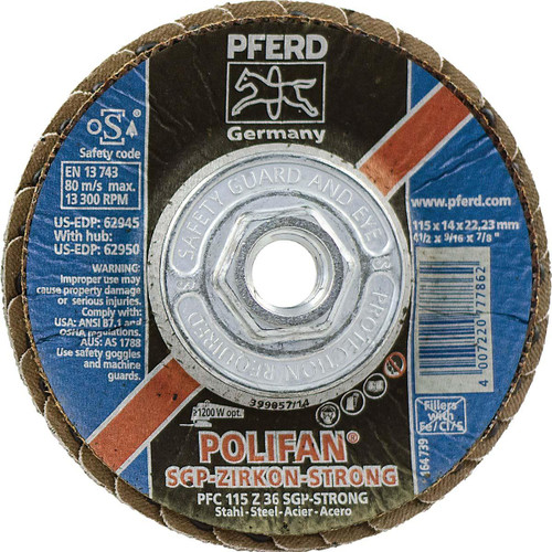 PFERD 62950 4-1/2" 36 GRIT 5/8-11 CENTER HOLE TYPE 2