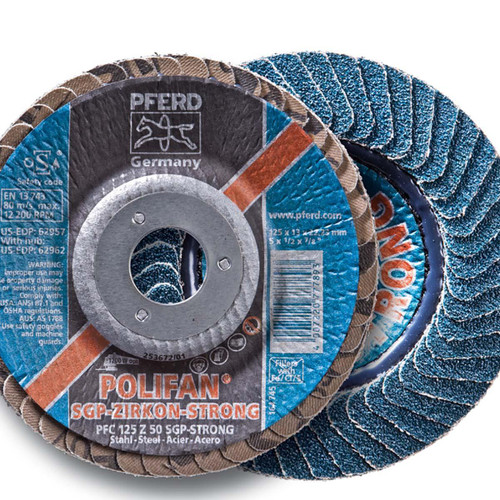 PFERD 62962 FLAP DISC,ZIRC,STRNG,50 GRIT,T29,5"X5/8"