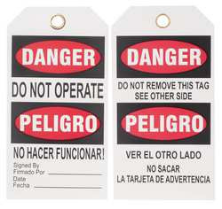 BRADY SPC ABSORBENTS TG400B DANGER BILINGUAL TAG R/WHT VINYL PK25
