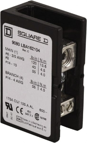 SQUARE D 9080LBA162104 DISTRIBUTION BLOCK STANDARD 600 VAC 175A