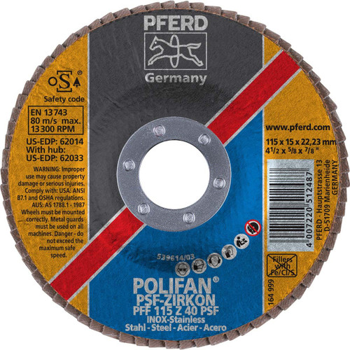 PFERD 62014 FLAP DISC,40 GRIT,T27,4-1/2"X7/8" PFERD 62014 FLAP DISC,40 GRIT,T27,4-1/2"X7/8"