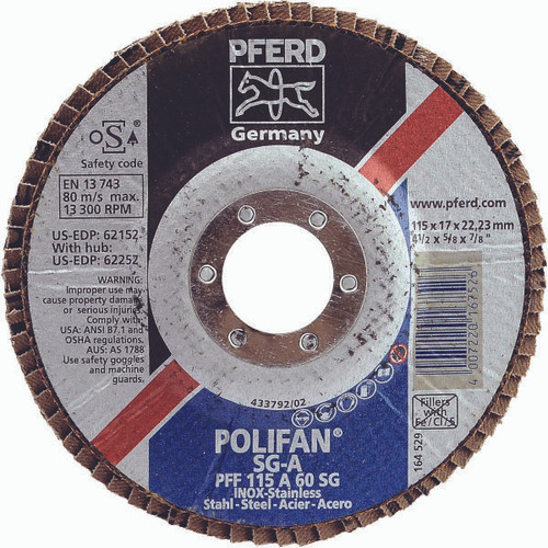 PFERD 62152 FLAP DISC,60 GRIT,TYPE 27,4-1/2"X7/8"