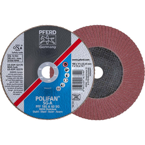 PFERD 62170 FLAP DISC,AL/OXD,60 GRIT,TYPE 27,7"X7/8"