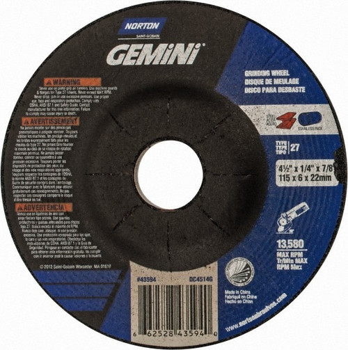 NORTON 66252843594 24 GRIT, 4-1/2" WHEEL DIAM, 1/4" WHEEL T
