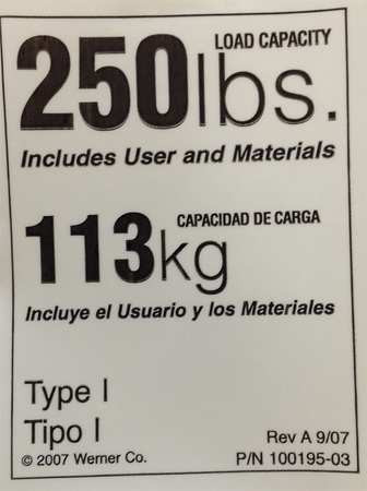 WERNER CO LDR250 DUTY RATING LABEL REPLACEMENT 250 LB.