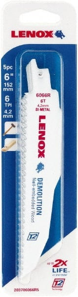 LENOX 203706066R5 RECIPROCATING SAW BLADE,TPI 6,PK5