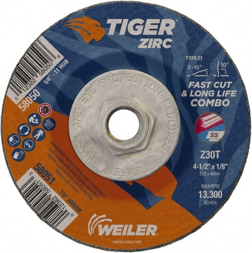 WEILER CORPORATION 58050 30 GRIT, 4-1/2" WHEEL DIAM, 1/8" WHEEL T