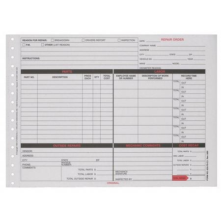 JJ KELLER 3666 GARAGE REPAIR ORDER FORM PK10