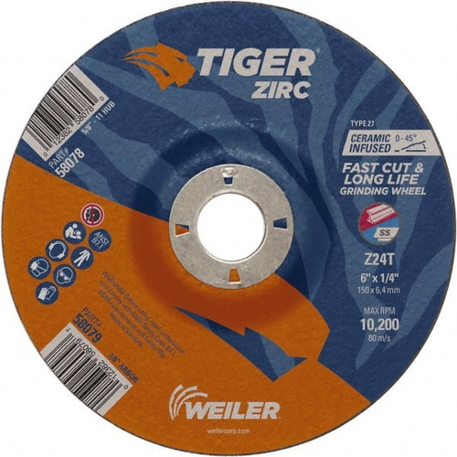 WEILER CORPORATION 58079 6 X 1/4 TIGER ZIRC T27 GRIND WHEEL Z24T 