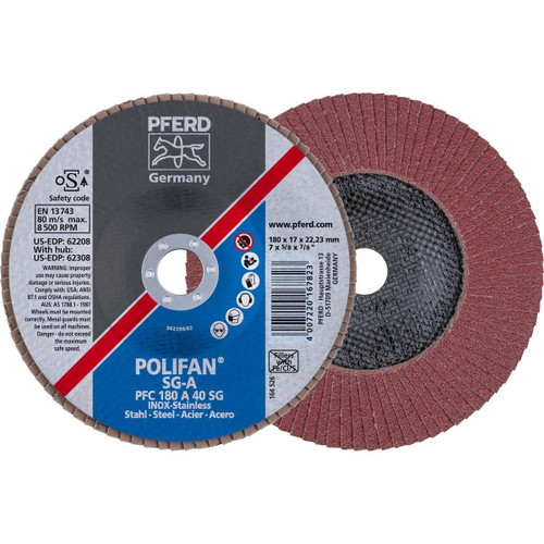 PFERD 62208 FLAP DISC,AL/OXD,40 GRIT,T29,7"X7/8"