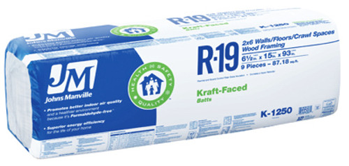 JOHNS MANVILLE K1250 R19 KRAFT BATT FIBERGLASS INSULATION, 87 JOHNS MANVILLE K1250 R19 KRAFT BATT FIBERGLASS INSULATION, 87