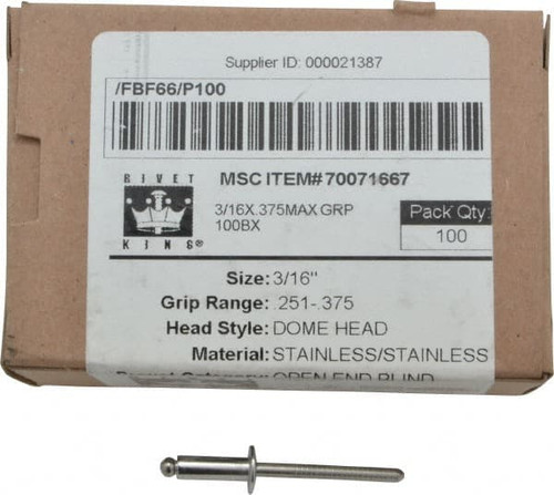 RIVETKING. FBF66/P100 SIZE 66 DOME HEAD STAINLESS STEEL OPEN E
