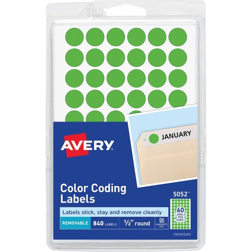 AVERY 05052 REMOVABLE LABELS, 1/2" ROUND, GREEN NEON