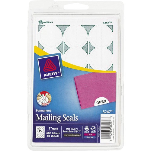 AVERY 05247 MAILING SEALS, 1" ROUND, 600/PK, WHITE