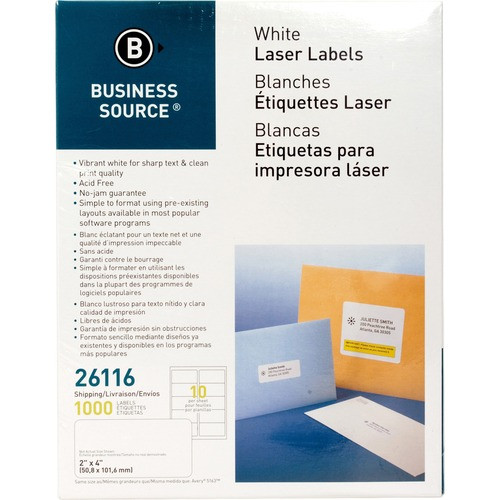 BUSINESS SOURCE 26116 MAILING LABELS,LASER,2X4,1000/PK,WHITE