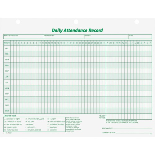 TOPS MANUFACTURING CO. 3284 DAILY ATTENDANCE RECORD,GN INK/WHITE
