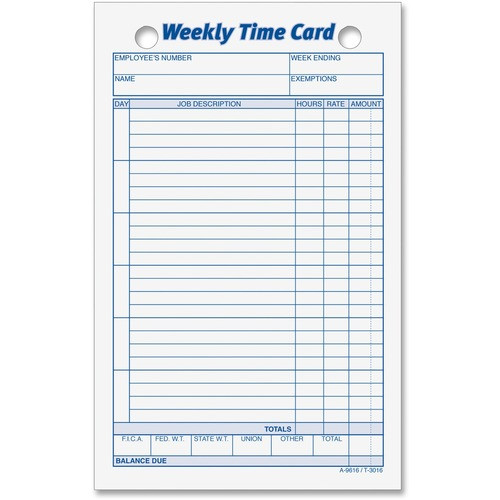 TOPS MANUFACTURING CO. 3016 EMPLOYEE TIME CARD,100/PACK