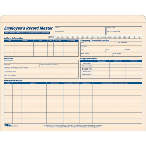 TOPS MANUFACTURING CO. 32801 EMPLOYEE RECORD MASTER FILE JACKET,15/PK