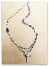 East West Christian Amethyst Fresh Water Pearl Cross Necklace