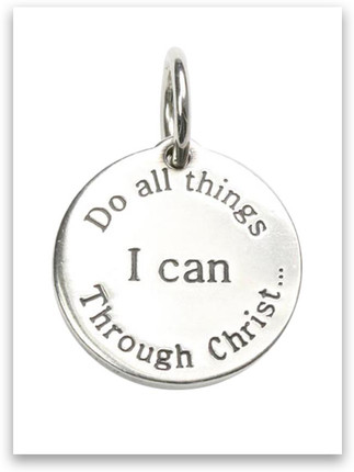 Round silver charm engraved with the words Do All Through Christ ' surrounding 'I Can' in bold, inspired by Philippians 4:13. Simple, faith-based jewelry piece. Round silver charm engraved with the words Do All Through Christ ' surrounding 'I Can' in bold, inspired by Philippians 4:13. Simple, faith-based jewelry piece.