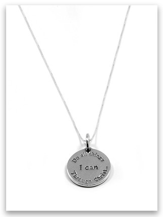 Round silver charm engraved with the words Do All Through Christ ' surrounding 'I Can' in bold, inspired by Philippians 4:13. Simple, faith-based jewelry piece. Round silver charm engraved with the words Do All Through Christ ' surrounding 'I Can' in bold, inspired by Philippians 4:13. Simple, faith-based jewelry piece.