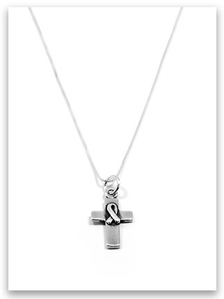 Sterling Silver Cross of Hope Charm Necklace featuring a polished cross design with an awareness ribbon detail. A meaningful Christian jewelry piece symbolizing faith, hope, and strength through life’s trials, inspired by John 16:33. Sterling Silver Cross of Hope Charm Necklace featuring a polished cross design with an awareness ribbon detail. A meaningful Christian jewelry piece symbolizing faith, hope, and strength through life’s trials, inspired by John 16:33.
