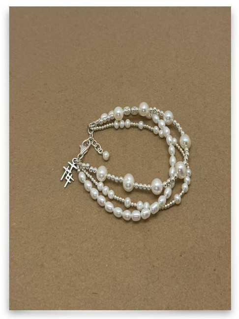 Stack Bracelet of Pearls and Sterling Beads w/small Trio Cross Charm Stack Bracelet of Pearls and Sterling Beads w/small Trio Cross Charm