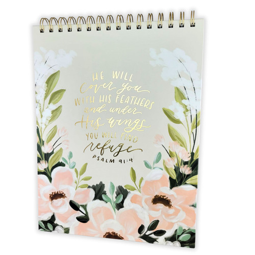 Large Spiral-bound Notepad: Under his wings - Psalm 91:4, green floral hardcover