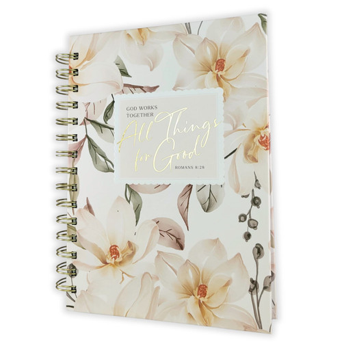 Large Wirebound Journal: All things for good - Romans 8:27, white floral hardcover