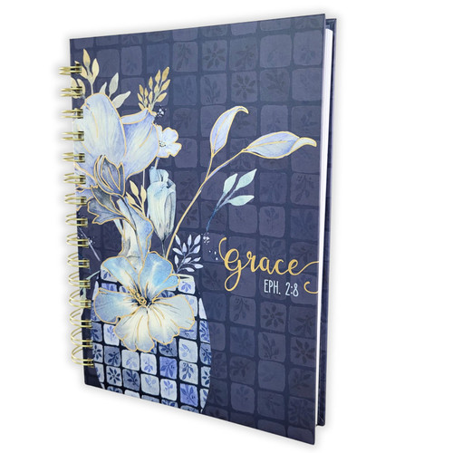 Large Wirebound Journal: Grace  -  Ephesians 2:8, blue floral hardcover