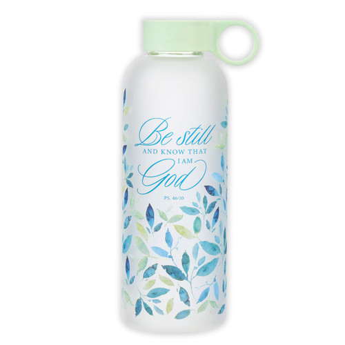 Glass Water Bottle: Be still - Psalms 46:10, minty leaf