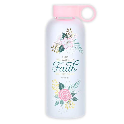 Glass Water Bottle: Walk by faith - 2 Corinthians 5:7, peach floral