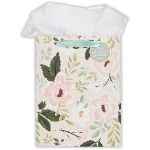 Large Portrait Gift Bag with Tissue Sheets: He is our peace - Ephesians 2:14, green floral