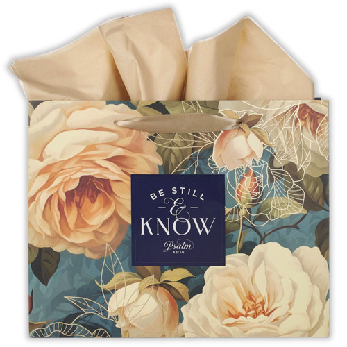 Large Landscape Gift Bag with Tissue Sheets: Be till and know - Psalm 46:10, serene roses