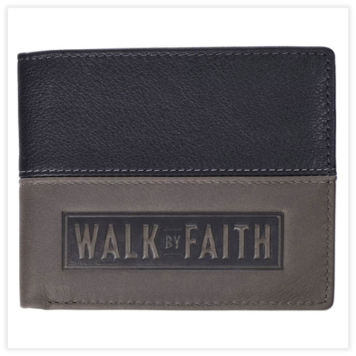 Genuine Leather Wallet: Walk by faith - 2 Corinthians 5:7, black and gray