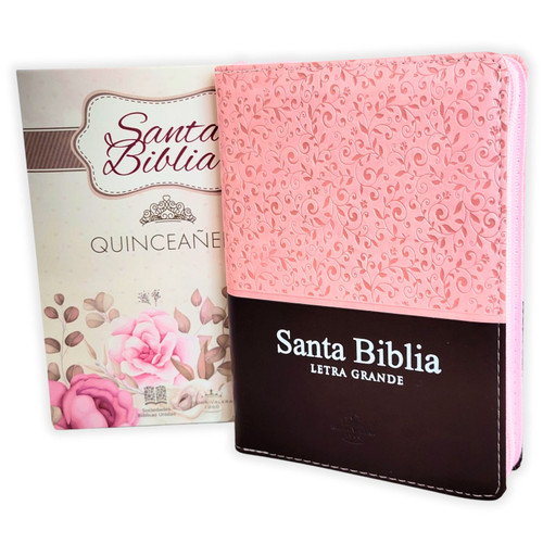 Biblia para Quinceañera con Cierre Compacta RV1960, imit piel rosa floral y marrón con índice