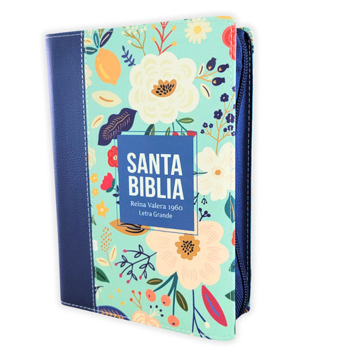 Biblia con Cierre Compacta Letra Grande 11 puntos RV1960, imit piel azul turquesa floral con índice