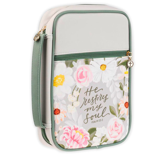 Bible Cover, Medium Size, He Restores My Soul, gray faux leather