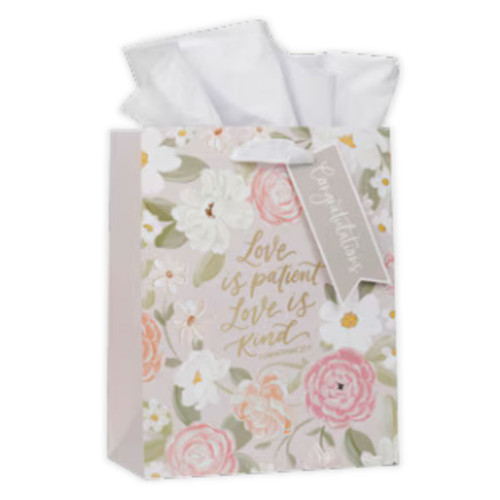 Medium Gift Bag with Tissue Sheets: Love is Patient - 1 Corinthians 13:4, pink floral