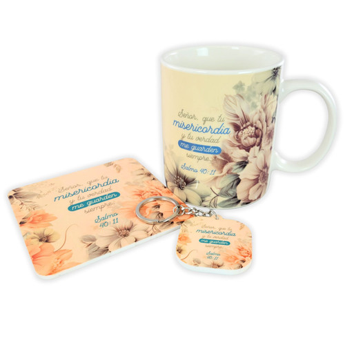 Pack Taza, Llavero, y Posavasos: Misericordia - Salmos 40:11