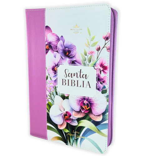 Biblia con Cierre Letra Súper Gigante 19 puntos Mediana RV1960, imit piel floral lila orquídea con índice y canto floral