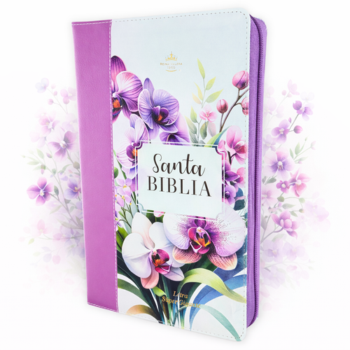 Biblia con Cierre Letra Súper Gigante 19 puntos Mediana RV1960, imit piel floral lila orquídea con índice y canto floral