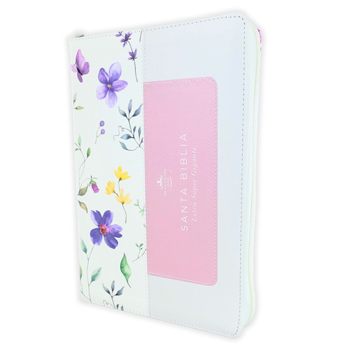Biblia con Cierre Letra Súper Gigante 19 puntos Mediana RV1960, imit piel blanco floral lila con índice y canto floral