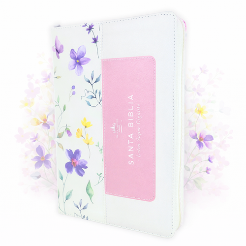 Biblia con Cierre Letra Súper Gigante 19 puntos Mediana RV1960, imit piel blanco floral lila con índice y canto floral
