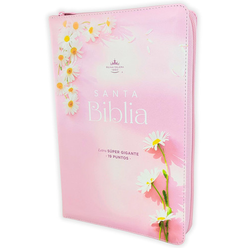 Biblia con Cierre Letra Súper Gigante 19 puntos Mediana RV1960, imit piel rosada con margarita con índice y canto floral