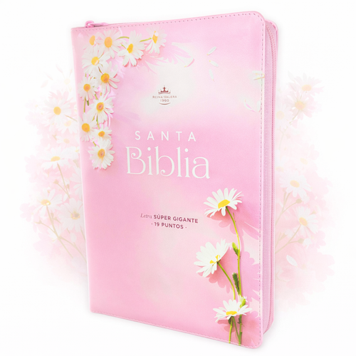 Biblia con Cierre Letra Súper Gigante 19 puntos Mediana RV1960, imit piel rosada con margarita con índice y canto floral