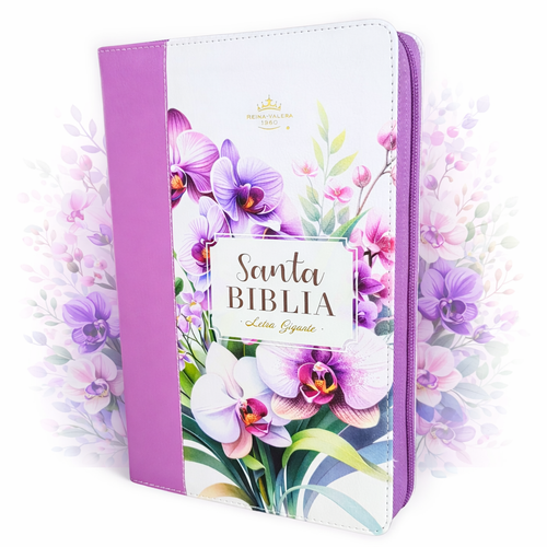 Biblia con Cierre Letra Gigante Manual 14 puntos RV1960, imit piel floral lila orquídea con índice y canto floral