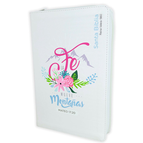 Biblia con Cierre Letra Grande 12 puntos RV1960, imit piel blanco con índice y canto floral - Mateo 17:20