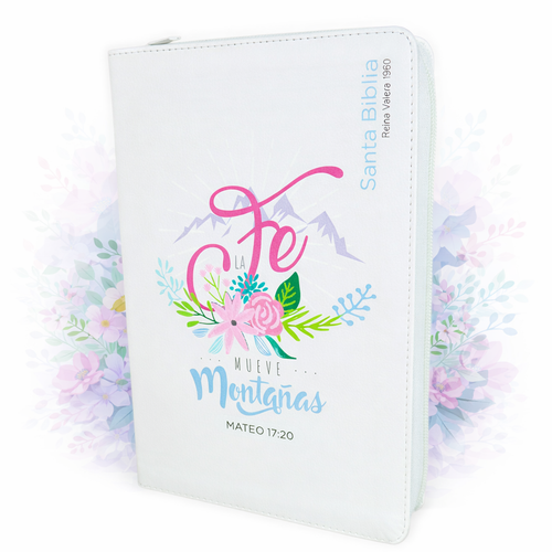 Biblia con Cierre Letra Grande 12 puntos RV1960, imit piel blanco con índice y canto floral - Mateo 17:20
